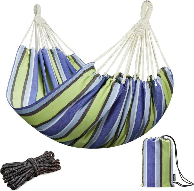 JoyView Brazilian Double Hammock with Hanging Ropes Extra Large 86.6x59” Portable Cotton Hammock for Patio Backyard Porch 450LBS Weight Capacity Perfect for Outdoor/Indoor - Blue & Green Stripes - Image 1